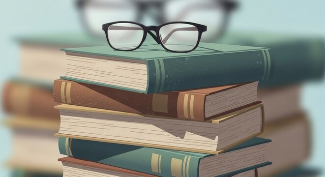 A thoughtful stack of vintage books topped with classic reading glasses, evoking wisdom and - Powered by Adobe