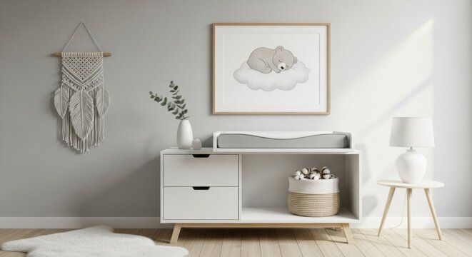 Neutral nursery decor featuring a changing table bear art and macrame wall hanging