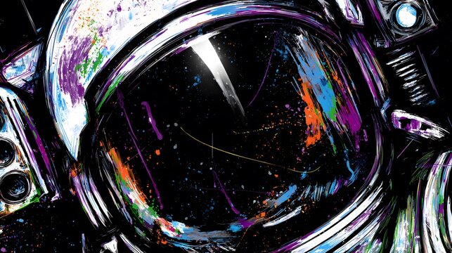 Futuristic astronaut helmet art vibrant paint splashes create a bold modern design concept