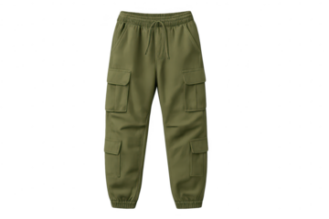 Olive green cargo pants isolated on transparent background, cut-out fashion