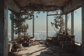 Obraz premium A survivors’ shelter built atop ruined concrete structures, with paper plants growing around it.