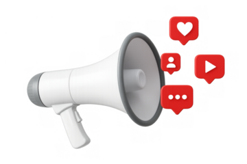 Megaphone transmitting social media icons, symbolizing digital marketing, online promotion, and viral content sharing. Transparent background
