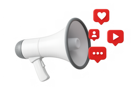 Megaphone transmitting social media icons, symbolizing digital marketing, online promotion, and viral content sharing. Transparent background
