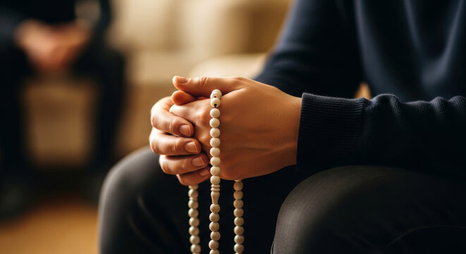 Prayer beads held in hands