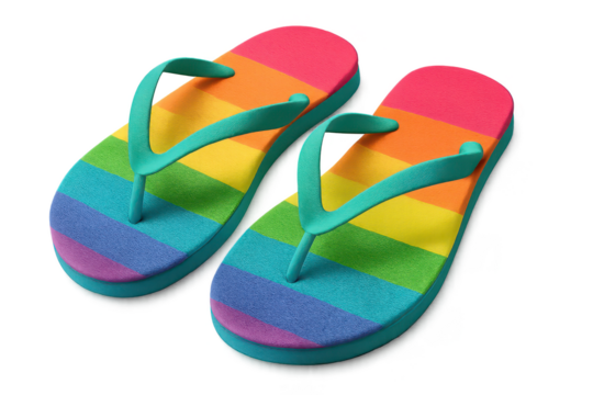 Vibrant rainbow flip-flops, isolated on transparent background for sunny summer.