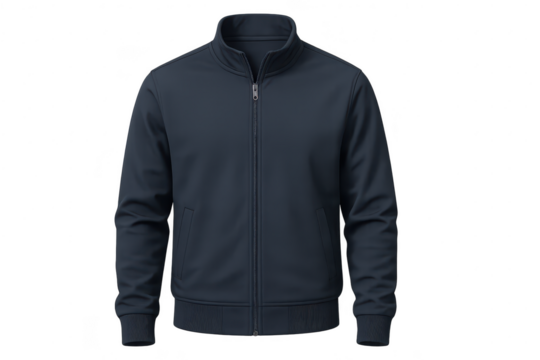 Dark blue men's track jacket with full zipper, isolated on transparent background