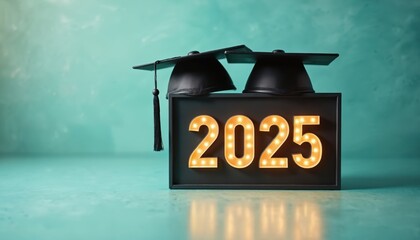Graduation caps rest on a lit sign displaying 2025. This image represents future academic achievement, successful completion of studies, and celebratory new beginnings for students.