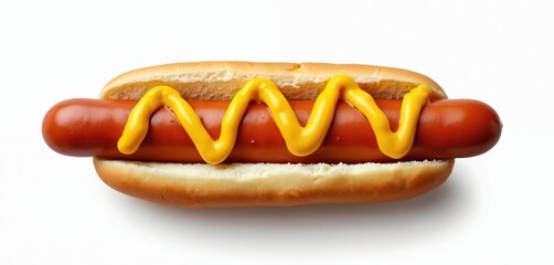 Classic hotdog with mustard on bun. Sausage is deep red, bun golden brown. Yellow condiment zigzags across meat. Food photo on clean white background. Simple, tasty, appetizing meal.