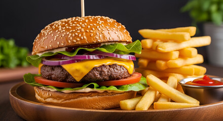 Delicious Cheeseburger with French Fries on Wooden Plate