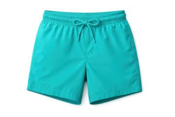 Vibrant turquoise men's swim shorts, isolated on transparent background.