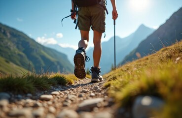 Person hikes mountain trail using poles. Legs in boots walk on rocky path. Backpack wearer climbs high peak under clear blue sky. Scenic landscape with green hills.