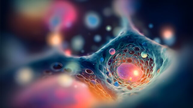 Vibrant cellular artwork reveals life’s intricate beauty within a glowing microscopic world