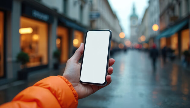 Person holds smartphone with blank screen on rainy city street. Blurred background shows shops, lights, wet pavement. Use for app ads, social media, web design.