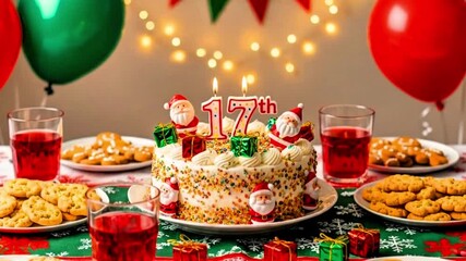 Video, theme of 17th birthday and Christmas celebration, anniversary, cake and Christmas balloons for the background