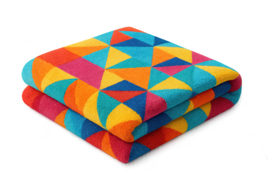 Folded colorful geometric patterned towel isolated on a transparent background.