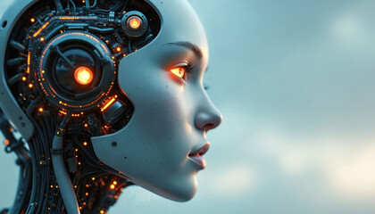 Close up photo of AI robot face. Humanoid cyborg with glowing eye and detailed tech elements in the head. Artificial intelligence concept future innovation.
