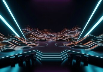 Surreal Stage With Geometric Waves and Neon Accent for Digital Display