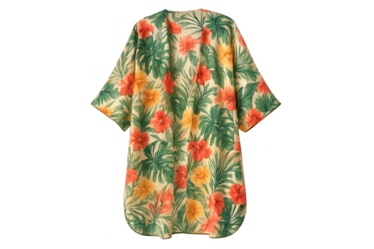 Vibrant tropical floral kimono with hibiscus pattern, isolated on transparent - Powered by Adobe