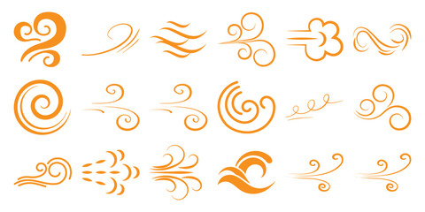 Obraz premium Collection of Orange Swirling Wind and Air Flow Icons and Symbols