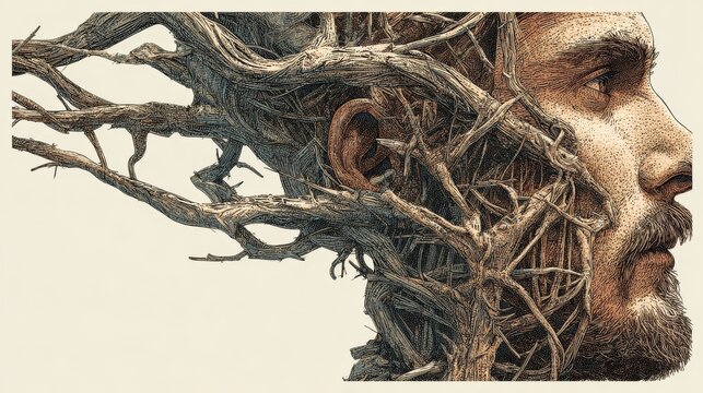 A human profile merges with intricate tree branches, evoking nature's interconnectedness and the mind's complexity