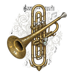 Naklejka premium Elegant Gold Trumpet with Ornate Engraving Surrounded by Artistic Swirls on Transparent Background