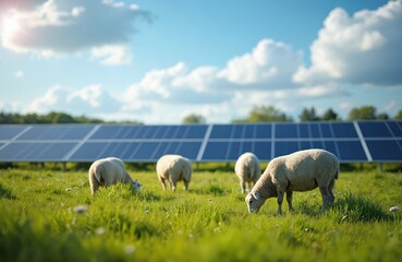 Four fluffy white sheep graze rich green grass near large blue solar panels. Bright sunny day with blue sky, soft white clouds above. Clean energy tech blends with sustainable farming practice, as