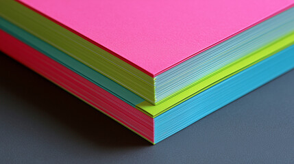 stack of neon-colored paper sheets close-up, bright stationery supplies in vivid pink green and blue tones, minimal modern office concept, creative workspace inspiration, colorful paper texture