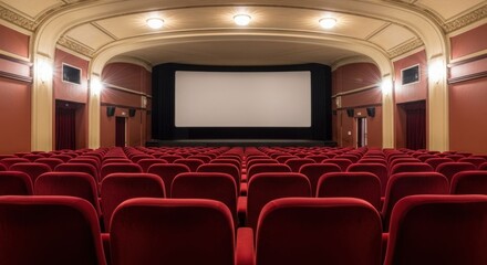 A vintage theater interior, empty, with rows of red seats facing a screen