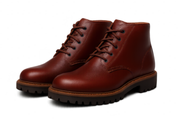 Stylish brown leather boots, isolated on transparent background for e-commerce.