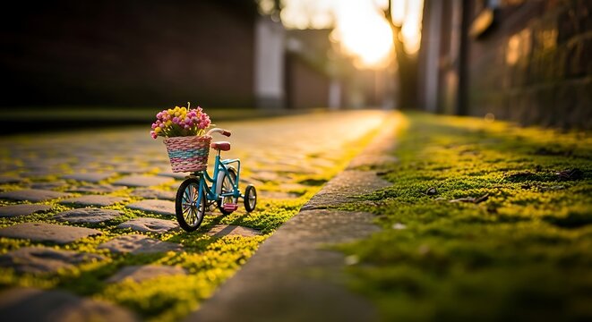 Whimsical miniature bicycle adorned with vibrant flowers on cobblestone street