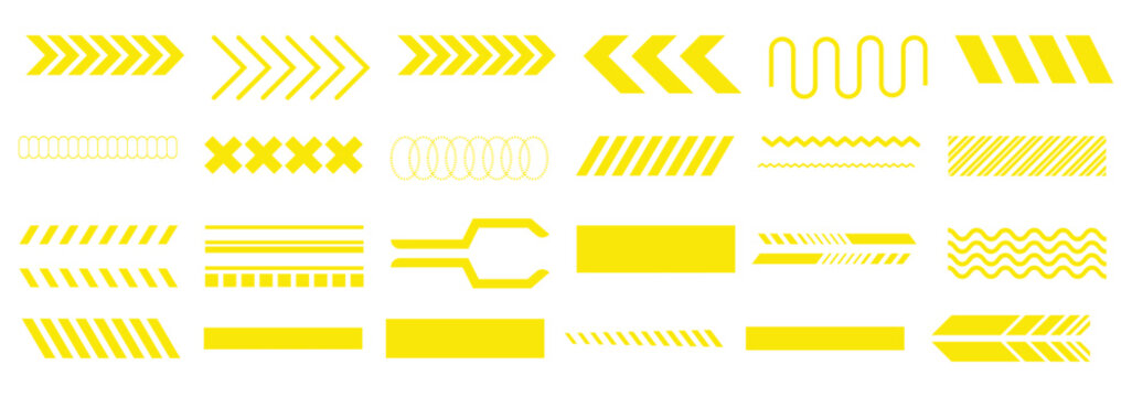 Collection of Yellow Geometric Patterns and Warning Stripes on White Background