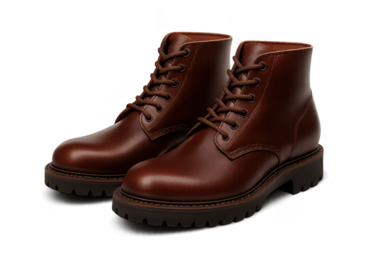 Brown leather combat boots isolated on transparent background, for fashion design.