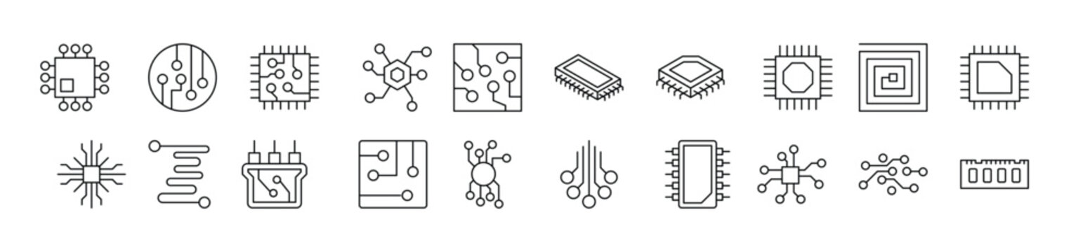 Chip and Scheme Line Icon Pack. Editable Stroke. Minimalistic Linear Pictogram for Design of Cards, Apps, Banners, Posts