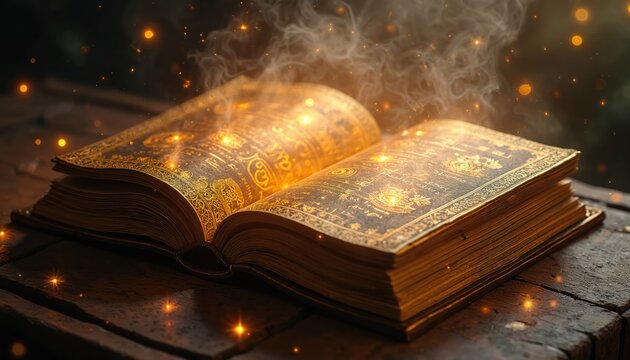 Ancient open book with golden glowing symbols, smoke rising from pages. Mystical arcane knowledge, numerological signs, ancient digits emit light on dark surface. Fantasy concept with magical energy.