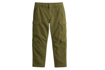 Men's casual olive green cargo pants, isolated on a transparent background