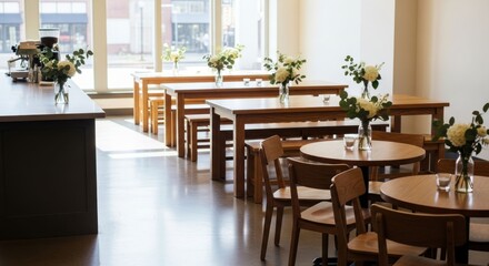 Airy interior of a cafe, with wooden tables, chairs, and fresh flowers