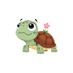Obraz premium Cartoon turtle with a flower on its shell, looking cute and friendly.