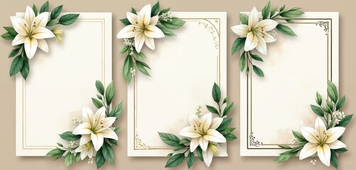 Set of three elegant blank invitation cards features white lilies, green leaf arrangements. Gold frames border clean beige space. Watercolor floral design perfect for wedding, announcement, birthday,