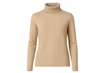 Beige turtleneck sweater for women, isolated on transparent background.