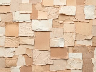  textured wall composed of various shades and shapes of paper, creating a mosaic-like appearance with a soft, neutral color palette.