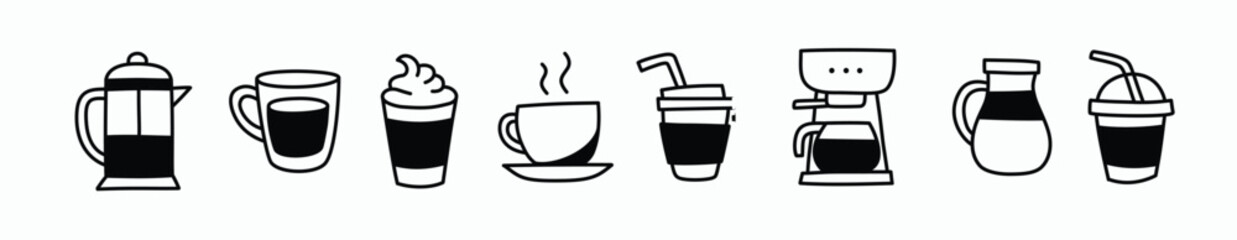 collection of black and white hand drawn coffee icons