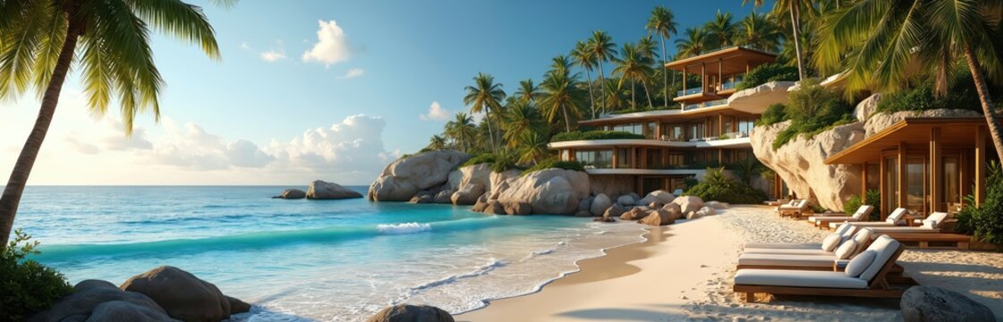 Luxury cliffside villa with infinity pool overlooks ocean waves on tropical beach. Palm trees sway over sandy shore with lounge chairs. Blue sky, calm sea, sunny day. - Powered by Adobe