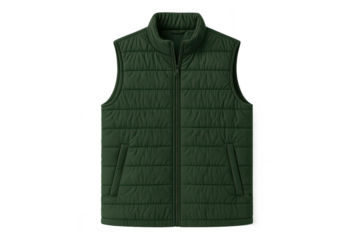 Dark green puffer vest, isolated on transparent background, ready for winter.