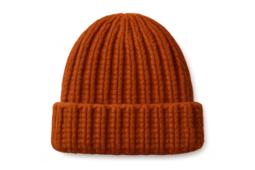 Stylish orange ribbed knit beanie hat isolated on transparent background.