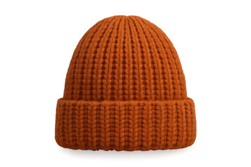 Orange knitted beanie hat, warm winter accessory, isolated on transparent.