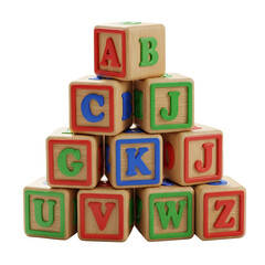 Colorful Wooden Alphabet Blocks Stacked in Pyramid on Transparent Background