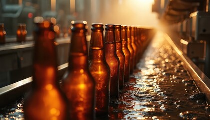 Beer bottles move along factory conveyor belt. Automated washing process occurs in industrial brewery. Amber glass containers are cleaned for beverage production.