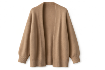 Comfortable beige knitted cardigan isolated on transparent background for fashion