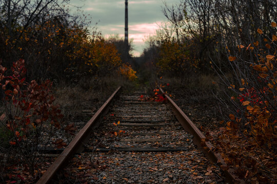 Abandoned railway tracks in autumn with industrial background