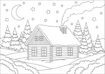 Obraz premium Winter Landscape Coloring Book Page Cozy Log Cabin in a Snowy Scene for Creative Fun